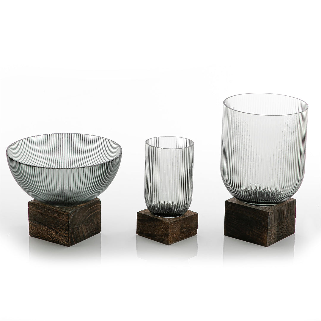 Set of 3 Glass Bowel With Wood Base (5981821829285)