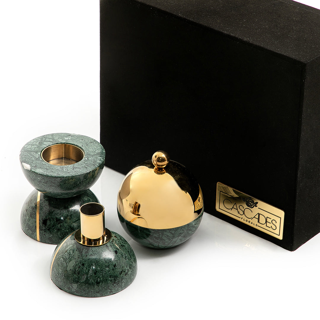 Set of marble mabkhar and candle holder with gift box