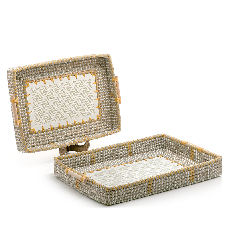 Set Of 2 Rattan With Bamboo Trays (6626104574117)