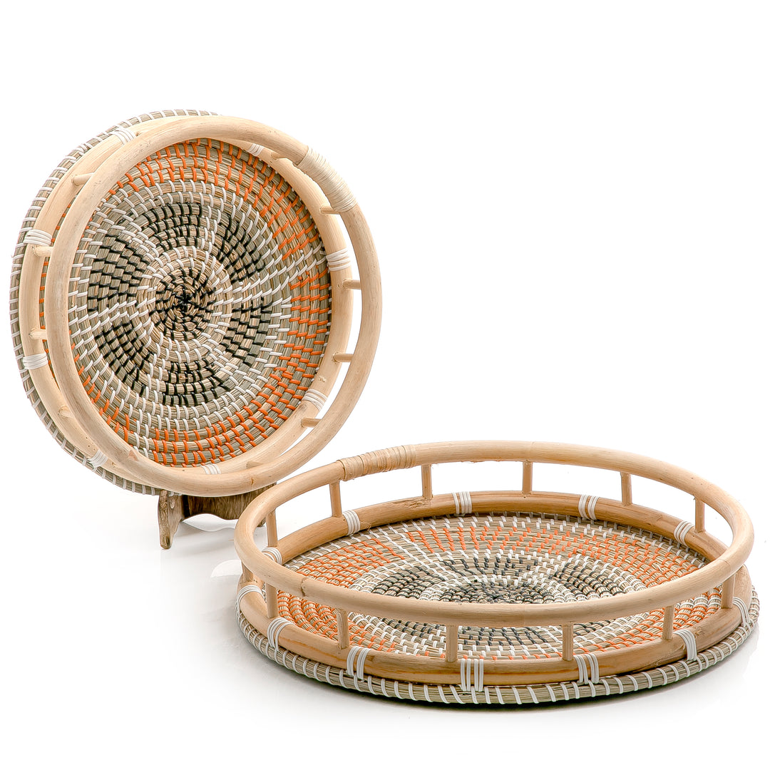 Set Of 2 Rattan With Bamboo Trays (6626123219109)