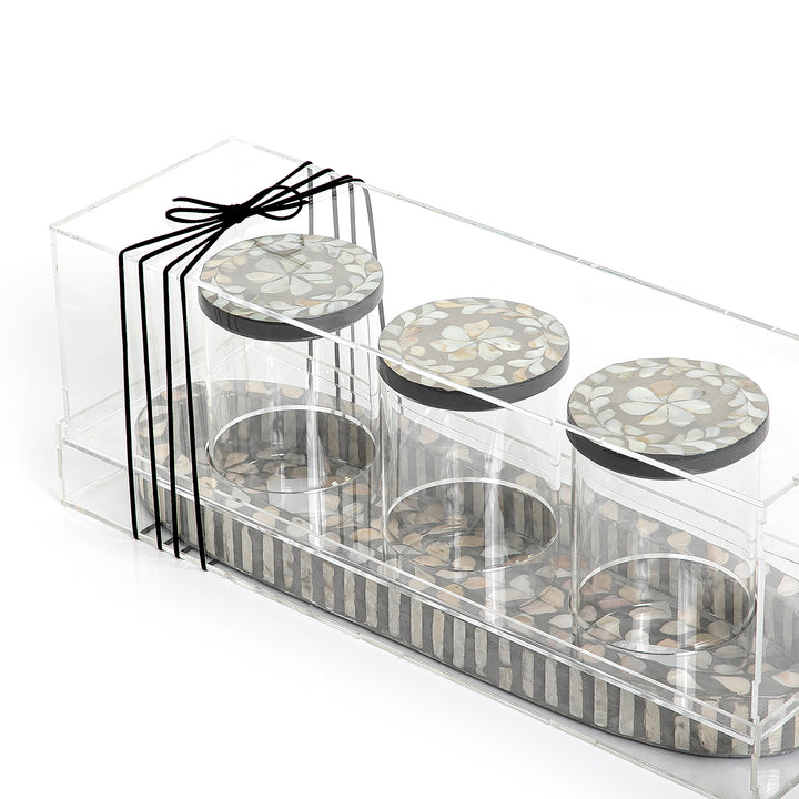 Set of 3 jars with mother of pearl tray and acrylic cover
