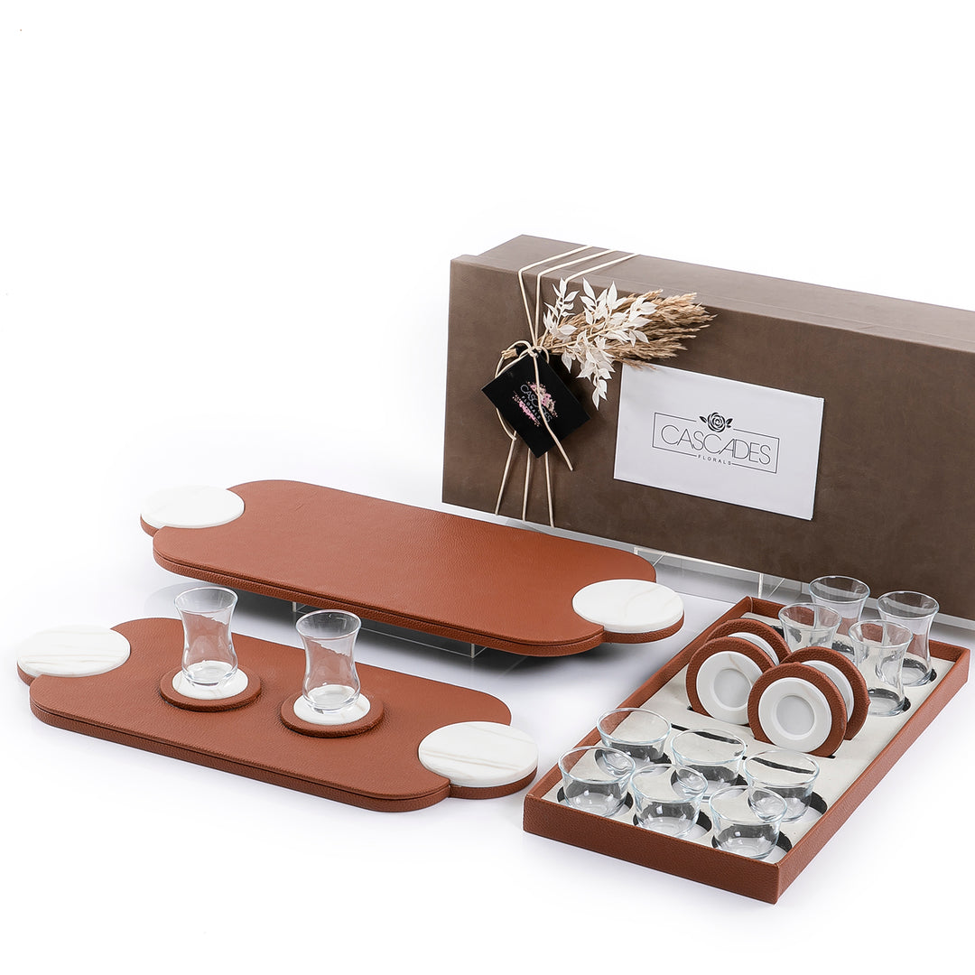 Set of 2 leather trays with cups and coaster with gift box