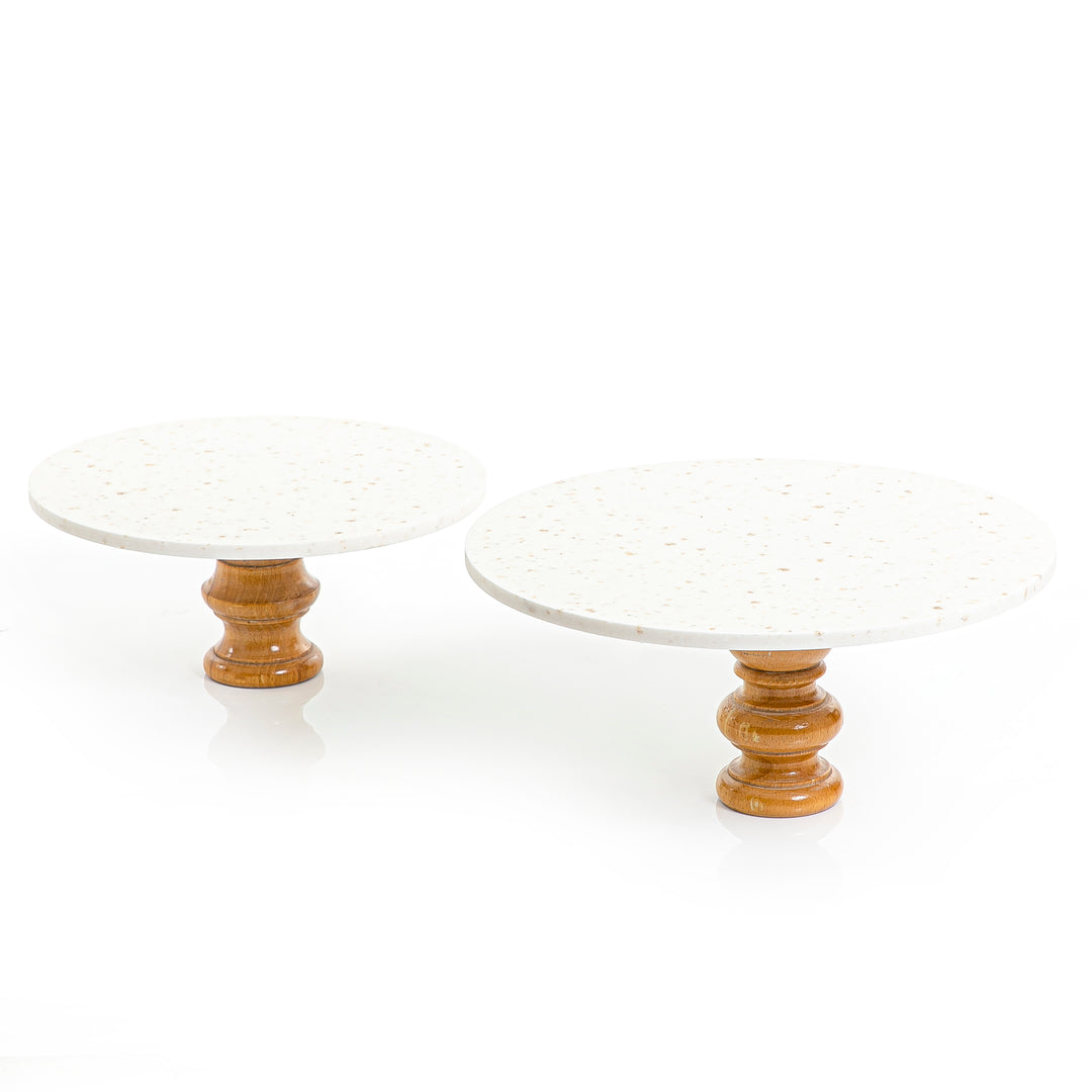 Set of 2 marble stand with wooden base