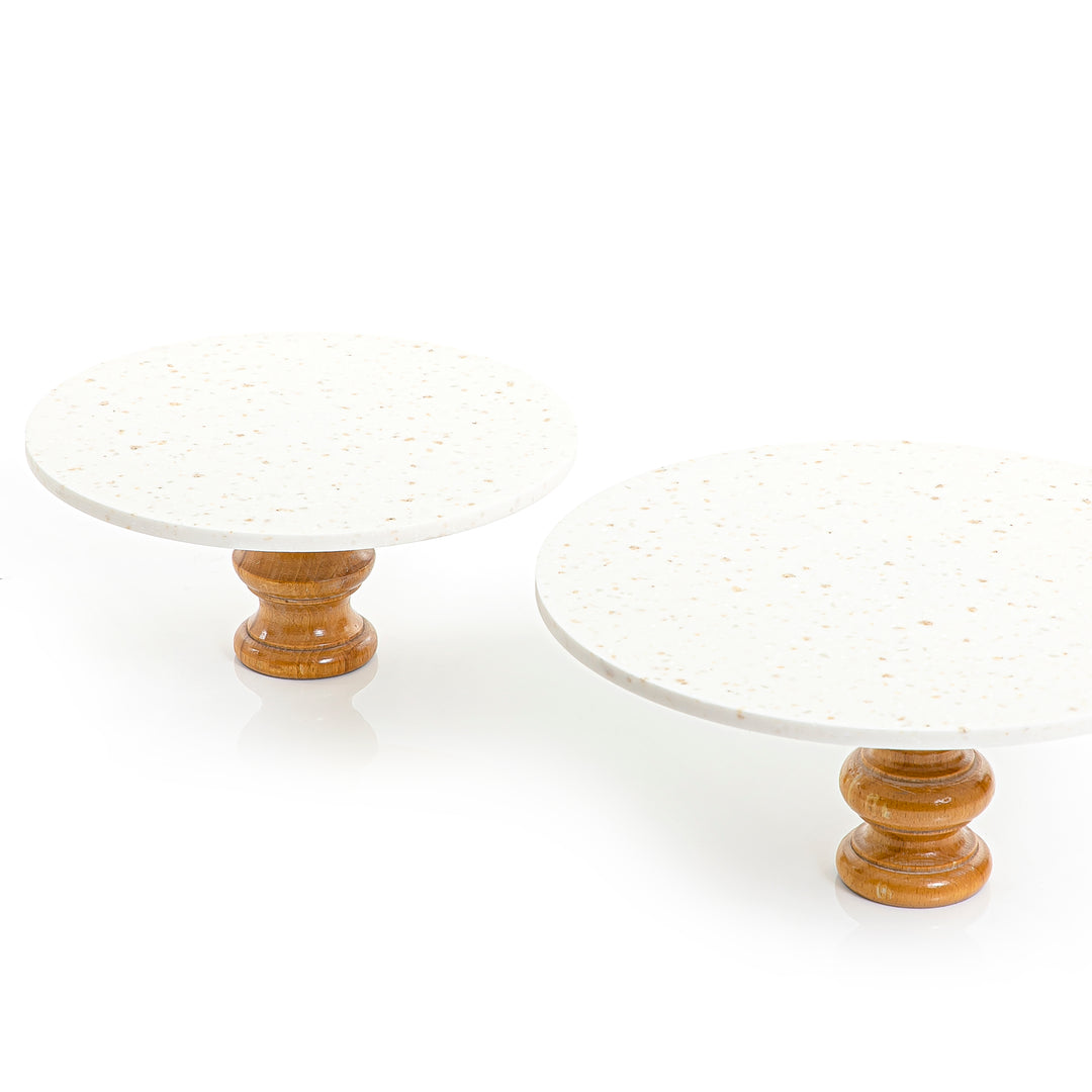 Set of 2 marble stand with wooden base